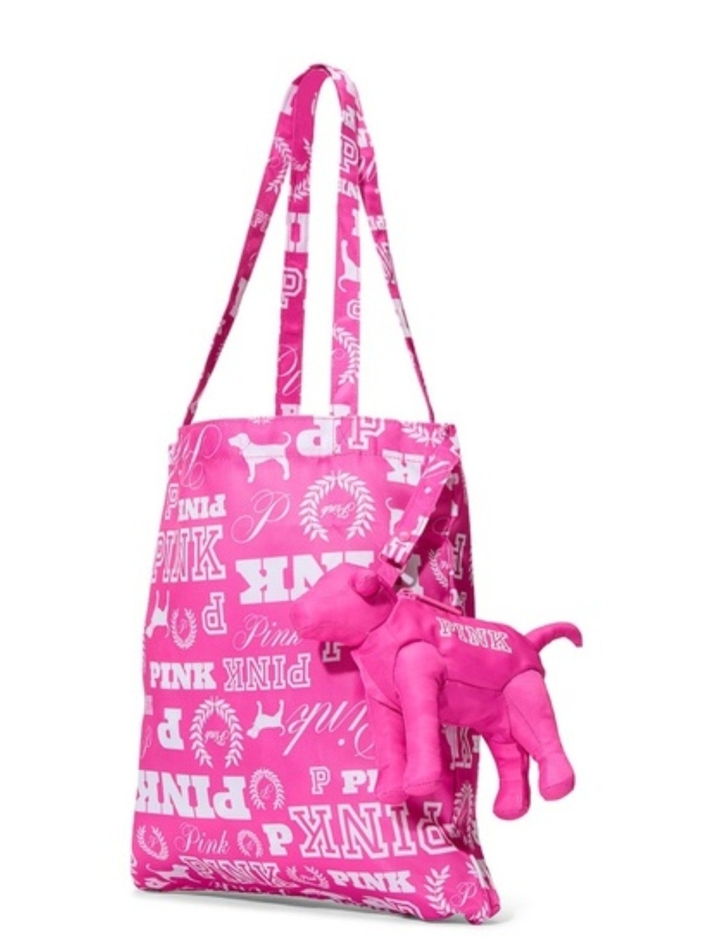 PINK Victoria's Secret Hot Pink Logo Print Tote with Dog Body Storage/Charm - Picture 4 of 6